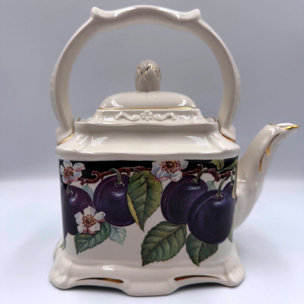 VTG Crown Dorset Staffordshire England Plum Floral Rectangular Teapot Gold Trim